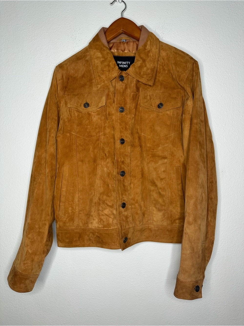 Infinity Mens London 100% Genuine Suede Leather Trucker Jacket Cognac/Camel XS